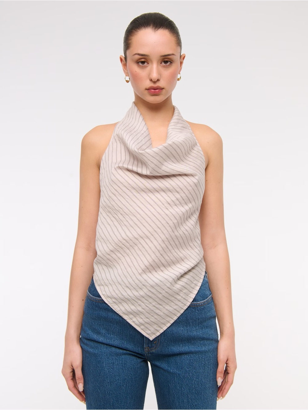 Abercrombie & Fitch Women's Cream Striped Halter Neck Cowl Open Bavk  Top